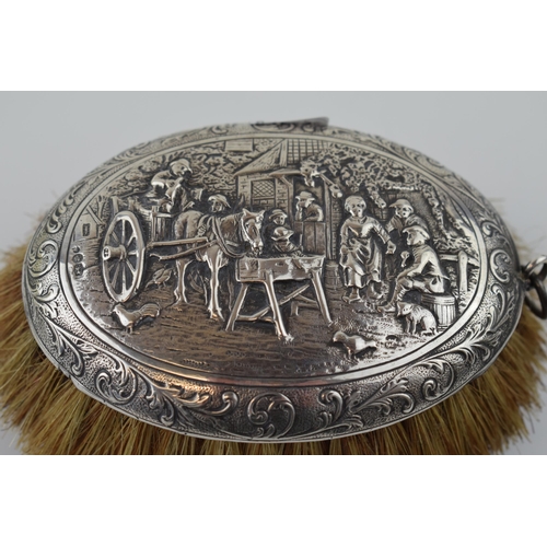 203 - A silver hunting jacket brush with repousse country scene depicting horse and cart, drinking trough ... 