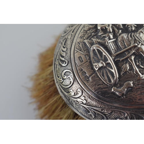 203 - A silver hunting jacket brush with repousse country scene depicting horse and cart, drinking trough ... 