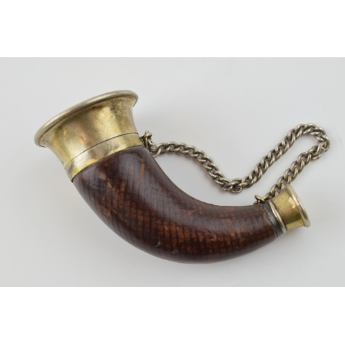 225 - Victorian silver gilt scent bottle in the form of a horn, leather body, probably French, indistinct ... 