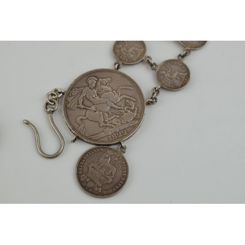 227 - Georgian and Victorian silver coin necklet / chain to include a Georgian 1822 crown with other Georg... 