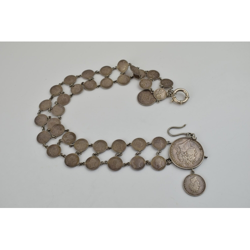 227 - Georgian and Victorian silver coin necklet / chain to include a Georgian 1822 crown with other Georg... 