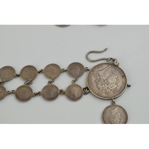 227 - Georgian and Victorian silver coin necklet / chain to include a Georgian 1822 crown with other Georg... 