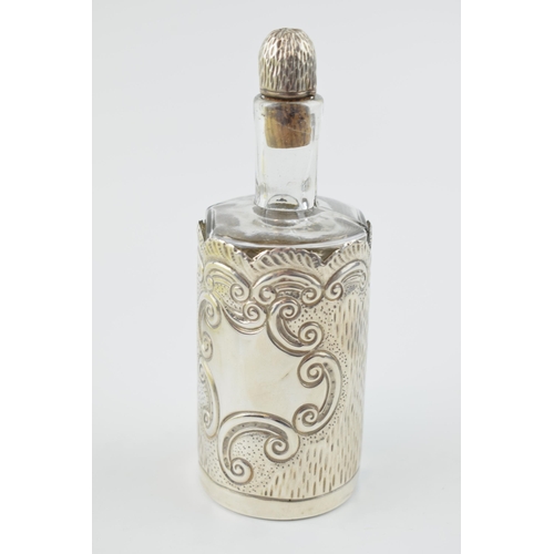 238 - Silver cased glass perfume bottle with silver and cork stopper, Birm 1900, AWP, 14cm tall.