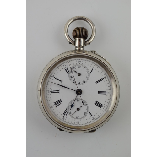 331 - Silver 0.935 chronograph pocket watch with central subsidiary dials, Roman numerals, in working orde... 