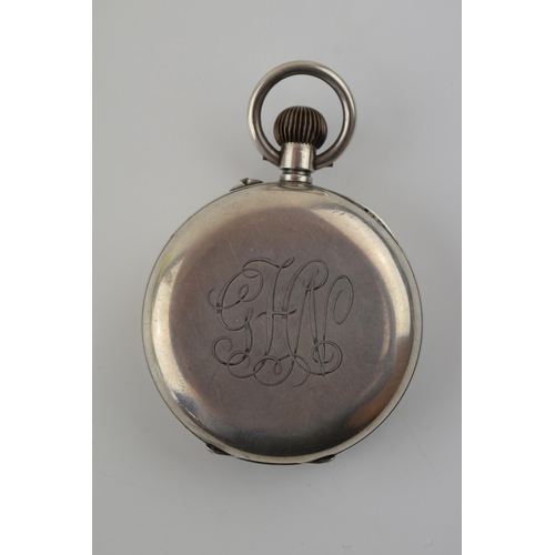 331 - Silver 0.935 chronograph pocket watch with central subsidiary dials, Roman numerals, in working orde... 