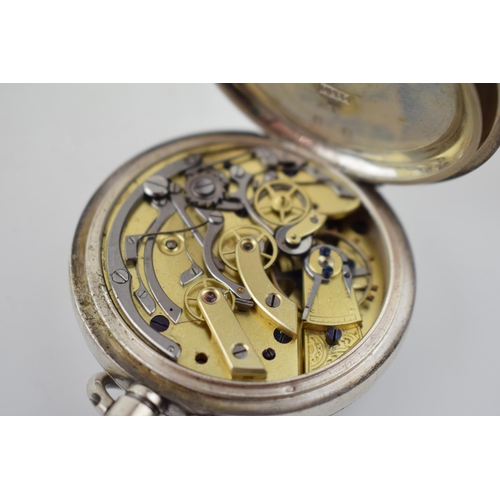 331 - Silver 0.935 chronograph pocket watch with central subsidiary dials, Roman numerals, in working orde... 