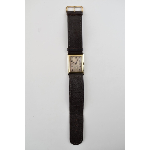 336 - 18ct gold and white gold cased vintage manual rectangular wristwatch, on leather strap, circa 1928, ... 