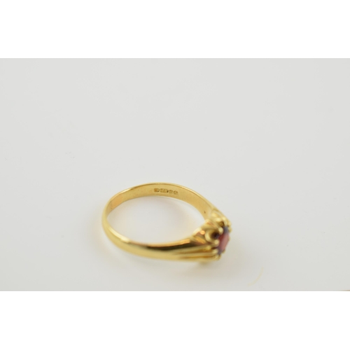 385 - 18ct gold ring set with central garnet, size X, 7.1 grams,  together with a 9ct gold tie pin with me... 