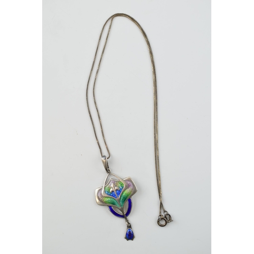 388 - Hallmarked silver enamelled lavalier pendant, Art Nouveau style, 5cm long, on silver chain.