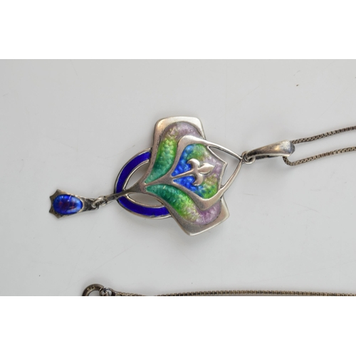 388 - Hallmarked silver enamelled lavalier pendant, Art Nouveau style, 5cm long, on silver chain.