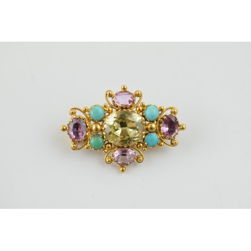 393 - Tests as 9ct gold (or better) lady's brooch, set citrine, turqouise and amethyst stones, 3.6 grams, ... 