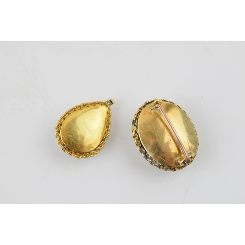 396 - High carat / 22ct gold fronted turqouise brooch with similar teardrop pendant, steel frames, gross w... 