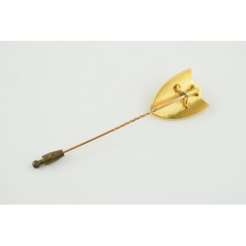 397 - Victorian 9ct gold shield-shaped stick pin with large coral cameo, gross weight 11.4 grams, 10cm lon... 