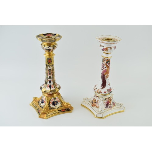 41 - A Royal Crown Derby 1128 Imari tall candlestick, 27cm tall, with a similar Olde Avesbury example (bo... 