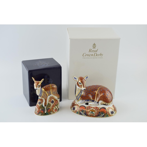 49 - Two Royal Crown Derby paperweight, Doe Deer, 17cm x 13cm high, and Fawn, 13cm high, designed exclusi... 