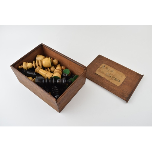 63 - 19th century chessmen, boxwood set ' A Set of Chessmen'. King height 11cm in original box.