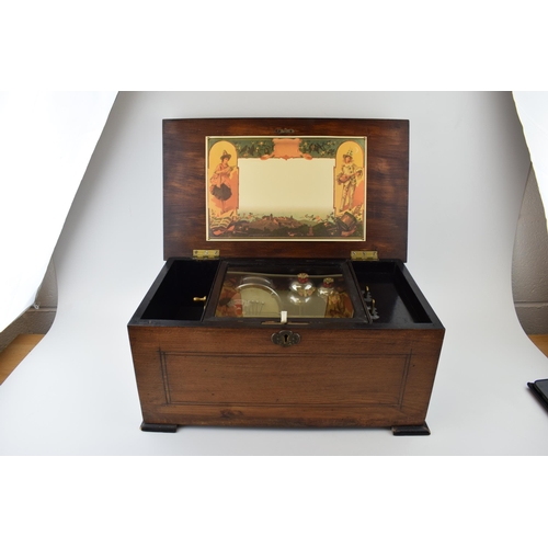 73 - 19th century Swiss musical box, inlaid rosewood case, with crank-wind mechanism playing 8 tunes on a... 