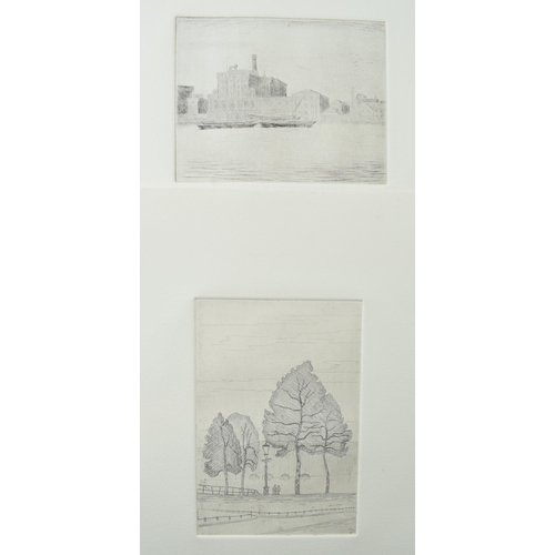 121B - Two unsigned etchings, one depicting The Tate Building, London and another a park scene (possibly Ri... 