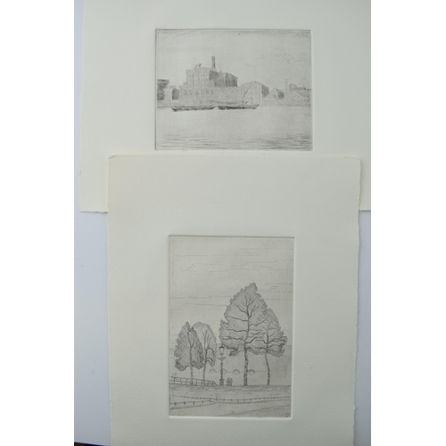 121B - Two unsigned etchings, one depicting The Tate Building, London and another a park scene (possibly Ri... 