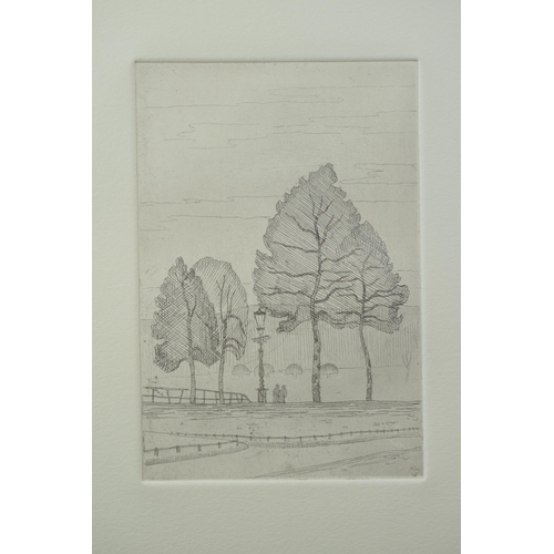 121B - Two unsigned etchings, one depicting The Tate Building, London and another a park scene (possibly Ri... 