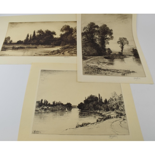 121H - John Fullwodd. F.S.A Three signed etchings depicting river scenes. (3) 36cm x 21cm, 30cm x 24cm and ... 