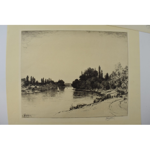 121H - John Fullwodd. F.S.A Three signed etchings depicting river scenes. (3) 36cm x 21cm, 30cm x 24cm and ... 