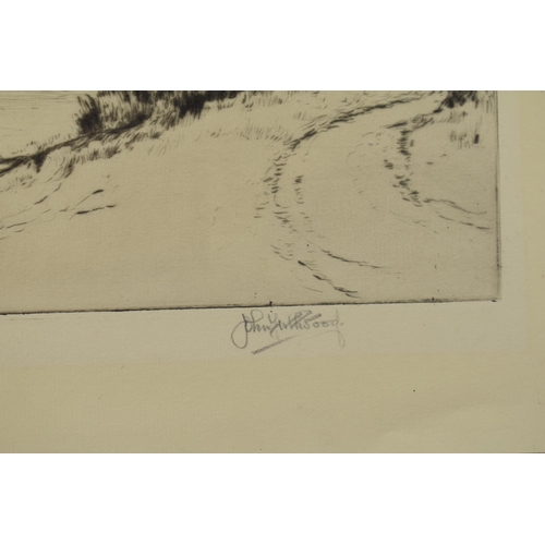 121H - John Fullwodd. F.S.A Three signed etchings depicting river scenes. (3) 36cm x 21cm, 30cm x 24cm and ... 