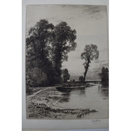 121H - John Fullwodd. F.S.A Three signed etchings depicting river scenes. (3) 36cm x 21cm, 30cm x 24cm and ... 