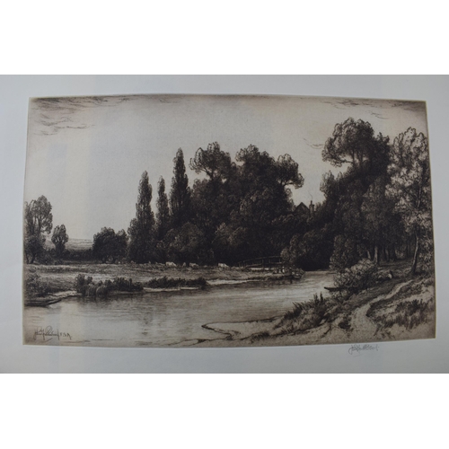 121H - John Fullwodd. F.S.A Three signed etchings depicting river scenes. (3) 36cm x 21cm, 30cm x 24cm and ... 