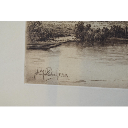 121H - John Fullwodd. F.S.A Three signed etchings depicting river scenes. (3) 36cm x 21cm, 30cm x 24cm and ... 