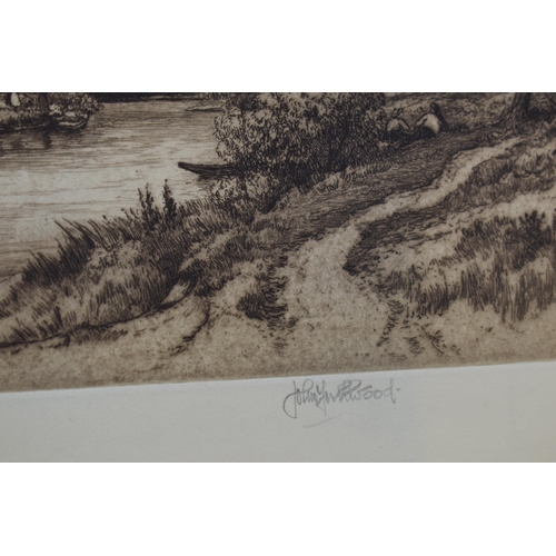 121H - John Fullwodd. F.S.A Three signed etchings depicting river scenes. (3) 36cm x 21cm, 30cm x 24cm and ... 