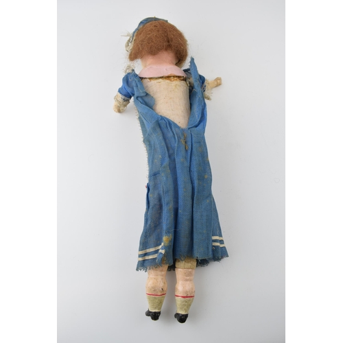 150 - Wax head antique doll in blue dress c1860. Height 54cm.