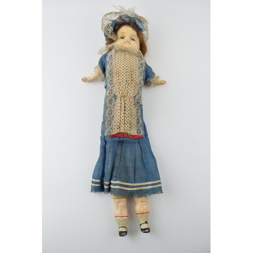 150 - Wax head antique doll in blue dress c1860. Height 54cm.