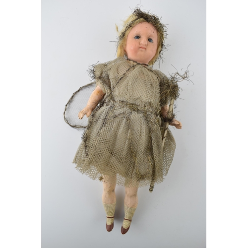 152 - Wax head Fairy antique doll with blue glass eyes, tinsel around dress and wand. c1880. Height 32cm.