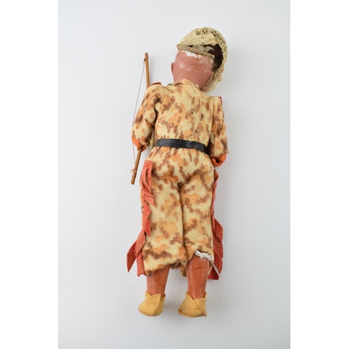 153 - Antique AM male doll, Made in Germany 14/0. Dressed in hunting attire with bow and shelf. Height 32c... 