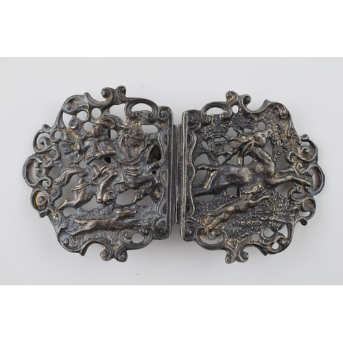 194 - Hallmarked silver ornate nurse's belt buckle, 50.6 grams, of a deer hunting scene with huntsman and ... 