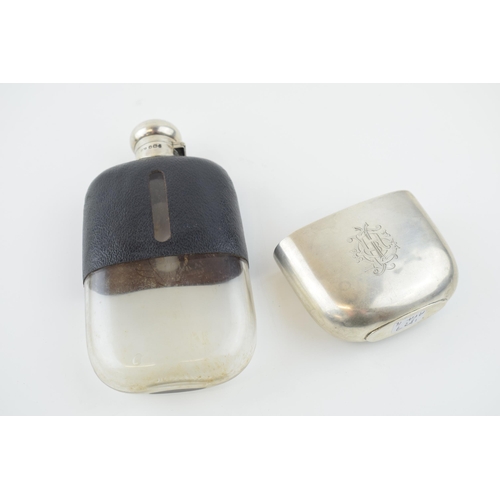 206 - Large silver and glass hipflask with leather grip, cork stopper to screw top lid, 17cm tall, Sheffie... 