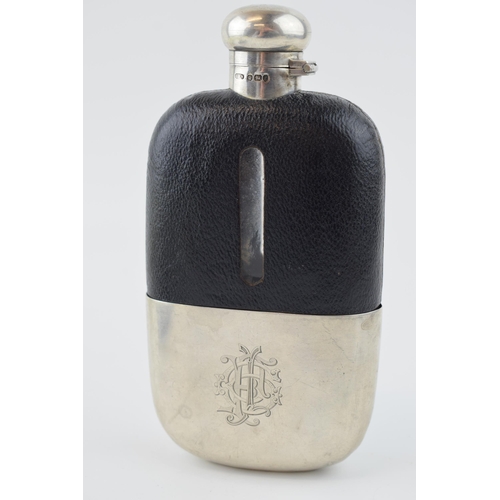 206 - Large silver and glass hipflask with leather grip, cork stopper to screw top lid, 17cm tall, Sheffie... 