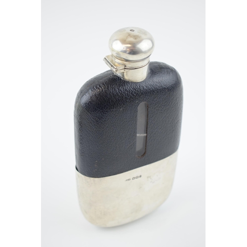 206 - Large silver and glass hipflask with leather grip, cork stopper to screw top lid, 17cm tall, Sheffie... 