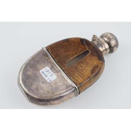 207 - Hallmarked silver and reptile skin grip hipflask, with silver cup, screw top lid with cork stopper, ... 