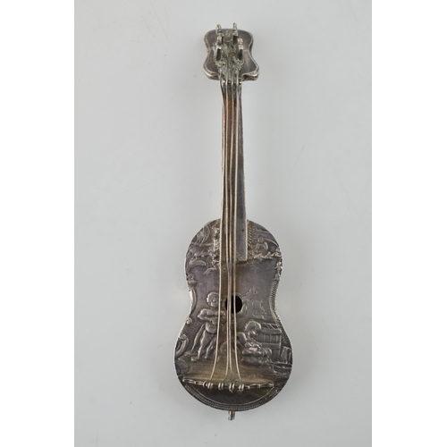 212 - A late Victorian novelty silver figure of a cello, with London import marks, complete with 4 strings... 