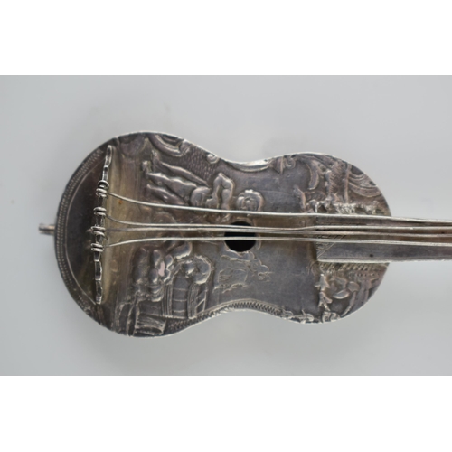 212 - A late Victorian novelty silver figure of a cello, with London import marks, complete with 4 strings... 