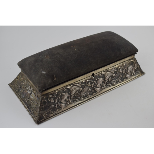 218 - Large hallmarked silver jewellery casket, Arts and Crafts style, with velvet interior, and stick pin... 