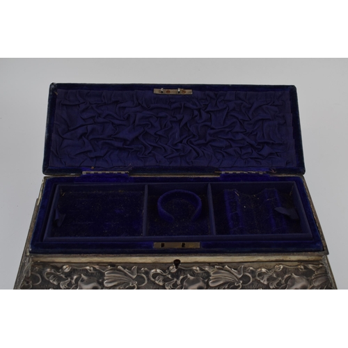 218 - Large hallmarked silver jewellery casket, Arts and Crafts style, with velvet interior, and stick pin... 