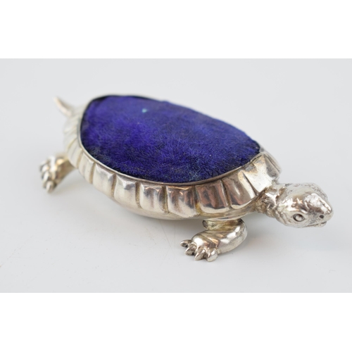 239 - Hallmarked silver pin cushion in the form of a tortoise, Birmingham 1906, makers CS FS, 8cm long.