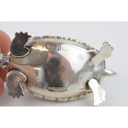 239 - Hallmarked silver pin cushion in the form of a tortoise, Birmingham 1906, makers CS FS, 8cm long.