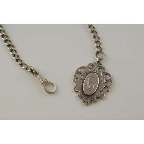 255 - Silver graduated albert chain with fob and plated t-bar, 37.5 grams, 44cm long.