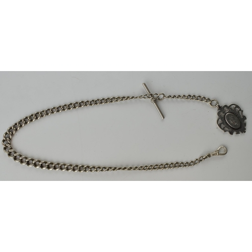 255 - Silver graduated albert chain with fob and plated t-bar, 37.5 grams, 44cm long.