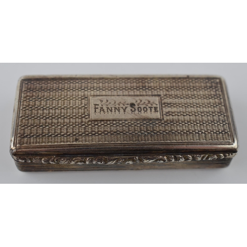 261 - Georgian silver patch box, engineered decoration, raised thumb piece, 50.7 grams, named 'Fanny Soote... 