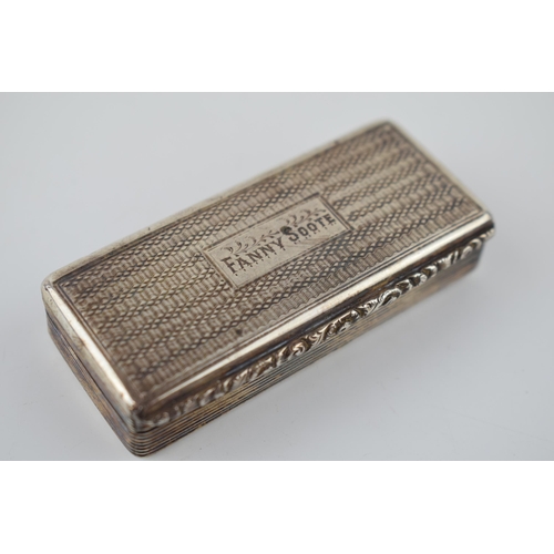 261 - Georgian silver patch box, engineered decoration, raised thumb piece, 50.7 grams, named 'Fanny Soote... 